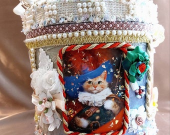 Unique Christmas gift for kids. Unisex toy Box &quot;The Puss in Boots&quot;. Luxury, fairy design of studio BodoArt, gift wrapped. Beautiful  tag.