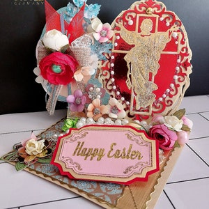 Christus am Kreuz, Segens-Osterkarte. Personalisierte, religiöse Karte mit Strauß Rosen, Perlen, Spitze und Blumen. Erzengel Michael.