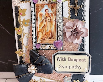 Personalized card 'With Deepest Sympathy'. Luxury,'For Ever Remembered Card' with the Cross, Angels and flowers. Special design pitifulcard.