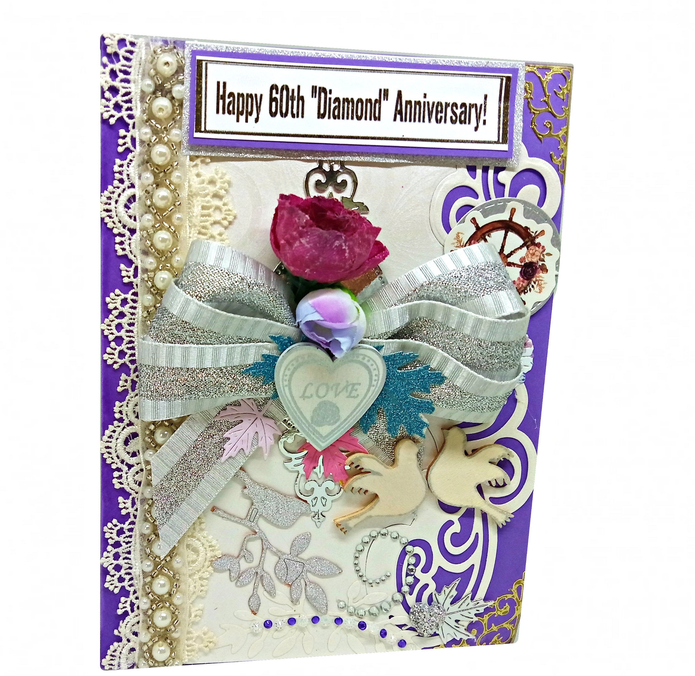 Diamond 60th Wedding Anniversary Card With Embossed Hearts Home