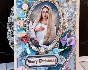 Holy Mary with the Dove of Peace Christmas card. Personalized Xmas greetings of Joy and Believe, luxury decorated and packaged.