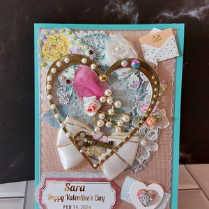 Ellegant, Personalised Happy Valentines&#39;Day card with golden heart, pearl brooch, lace and flowers. Birthday card with a key. Romantic card.