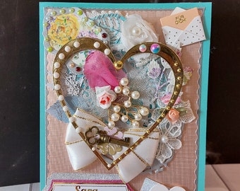 Ellegant, Personalised Happy Valentines'Day card with golden heart, pearl brooch, lace and flowers. Birthday card with a key. Romantic card.
