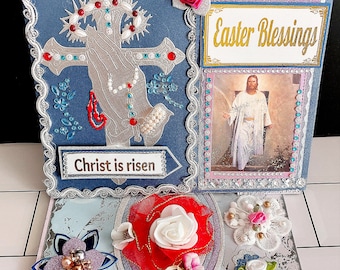 Personalised Easter card "He is Risen". Unique Christening card. Religious event card in royal blue with pearls, lace and roses. Boxed card.