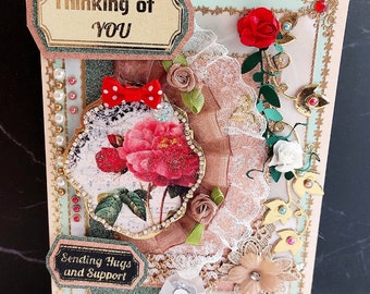 Tarjeta personalizada Pensando en Ti. Envío de tarjeta de amor y apoyo. Diseño floral Tarjeta Get Well con ángeles, encajes, perlas y rosas.