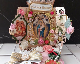Unique Christmas Blessings, easel card.  Personalized card with the Godmother, Baby Christ , a wreath, pearl brooch, Merry Christmas ribbon.