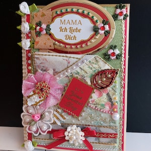 Personalisierte Karte "I Love You, Mum". Luxus Geburtstagskarte. Romantische Besondere Tageskarte, insgesamt verziert mit Bändern, Broschen und Perlen.
