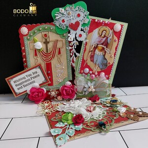 Cartão personalizado, 3D "Feliz Páscoa". Saudações luxuosas de Páscoa para Paz, Felicidade e Sucesso. Cartão de Cruz de Luxo com o Arcanjo Miguel.