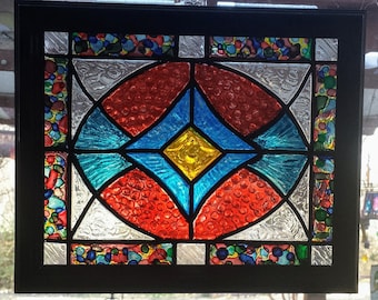 Framed-8x10-Faux Stained Glass Window Panel-Window Art-Sun Catcher-Hand Painted-OOAK-Colorful-Vintage-Glass Design-Glass Art-Gift-House Gift