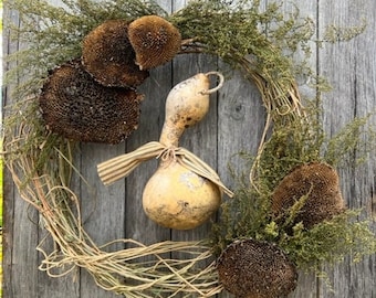 Primitive Wreath Dried Gourd Sunflowers Early Look Homestead Door Keep #G