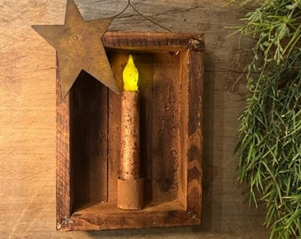 Primitive Make Do Lantern Wooden Box Rusty Star Homestead Early Look  Peg Hanger Cupboard Tuck