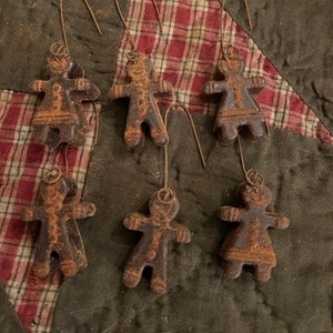 Primitive Gingerbread Couple Ornaments  Blackened Wax Grubby Early Style Farmhouse Set of SIX Cabin Homestead Feather Tree