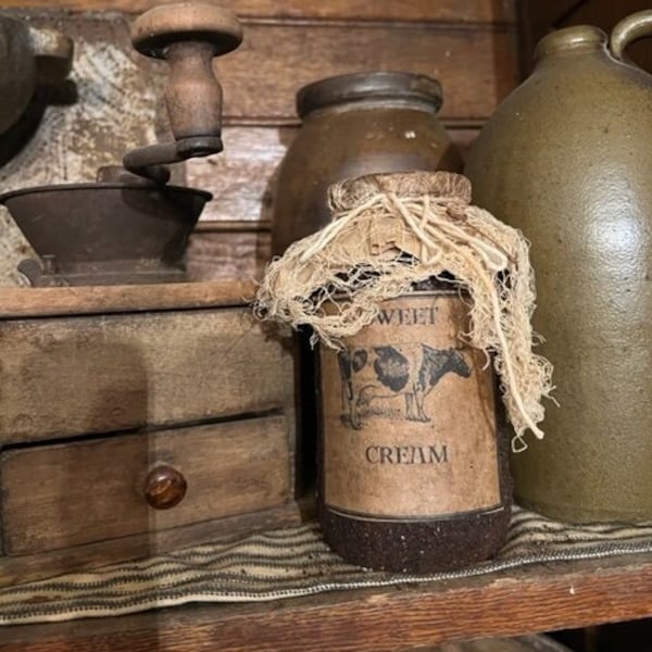 Primitive Pantry Jar Sweet Cream Grubby Grungy Cupboard Tuck Early Look Homestead Farmhouse