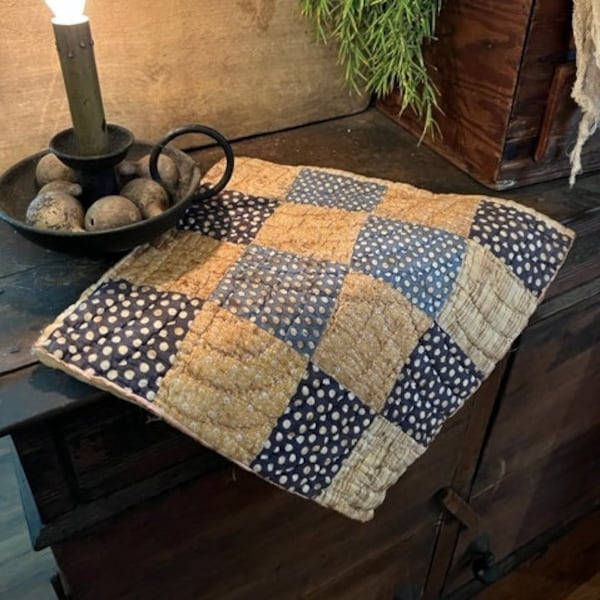 Primitive Old Quilt Candle Mat Homestead Table Runner Early Look Doily Grubby Feed Sack FALL #6