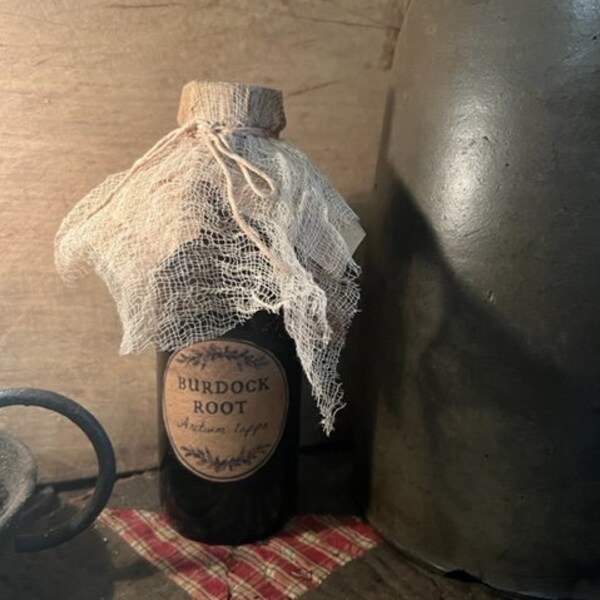 Primitive Pantry Jar Amber Glass Homestead Cupboard Tuck Early Look Buttery Butcher's Burdock Root