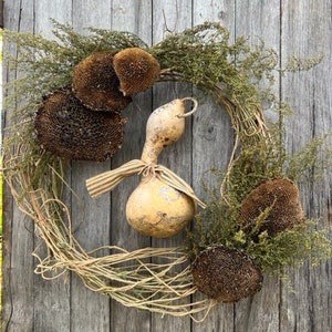 Primitive Wreath Dried Gourd Sunflowers Early Look Homestead Door Keep #G