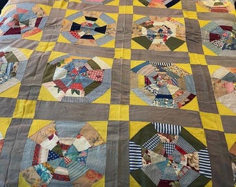 Old Quilt Top Hand Sewn Old Antique  Feed Sack  Primitive Cabin Rustic Cottage Chic #2