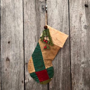Primitive Grubby Stocking Old Quilt Top Peg Hanger Christmas  Ornament Early Look Homestead #A