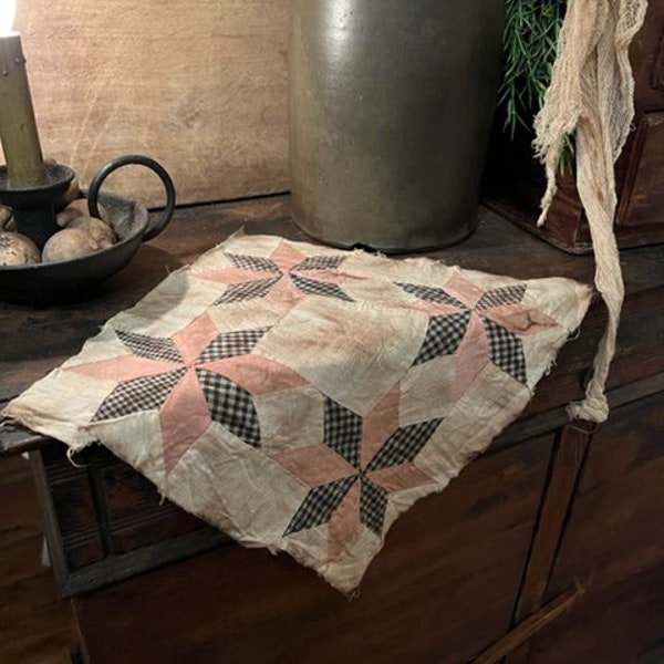 Primitive Old Quilt Candle Mat Homestead Table Runner Early Look Doily Grubby Feed Sack FALL #LL