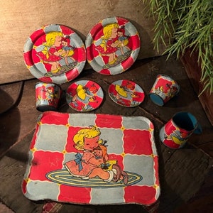 Vintage 50's Child Toy Tin Tea Set  Ohio Art Co. Tin Litho Tea Set