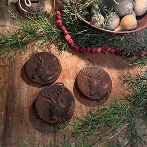 Primitive Christmas Reindeer Deer Ornaments THREE Blackened Wax Grubby Early Homestead Bowl Filler Cabin Peg Hanger