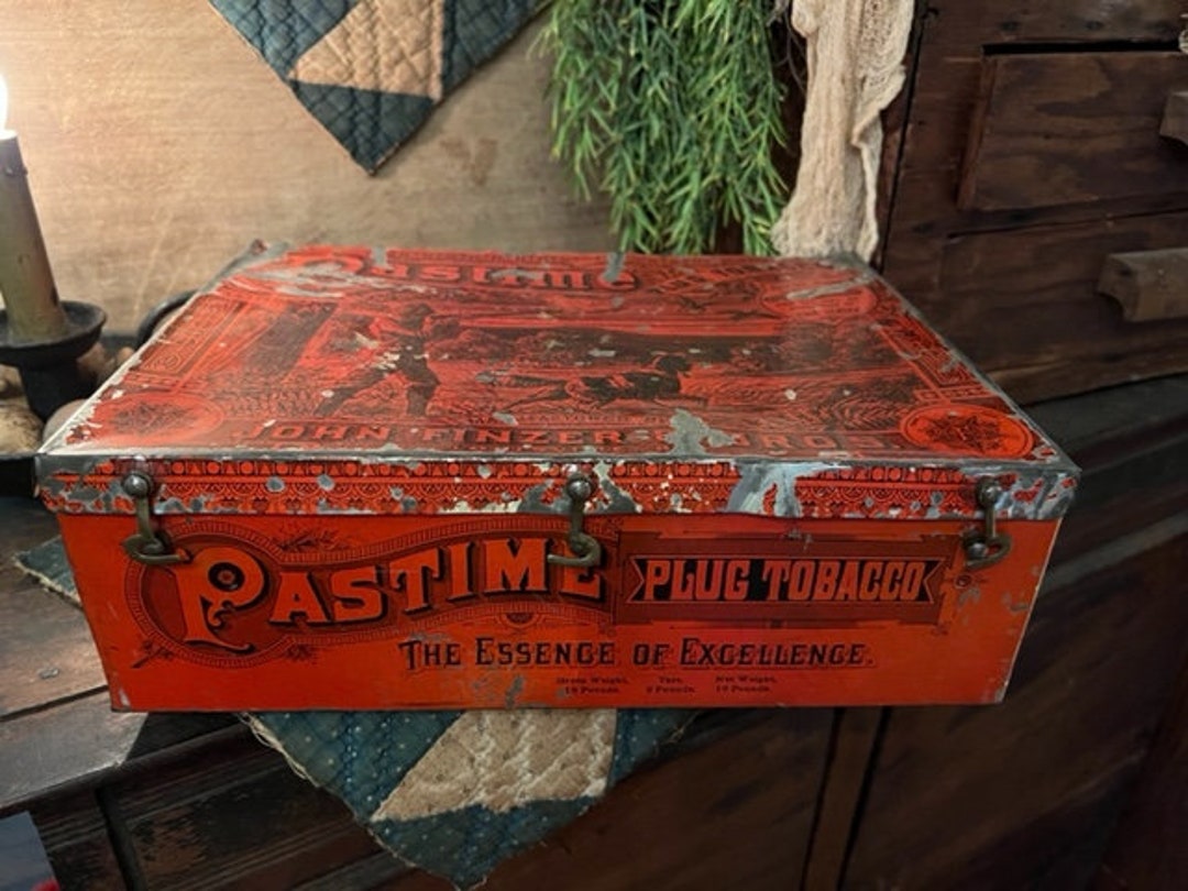 Primitive OLD Metal Pastime Plug Tobacco, John Finzer & Bros. Louisville KY  Antique Advertising Tin Box Homestead Early Look