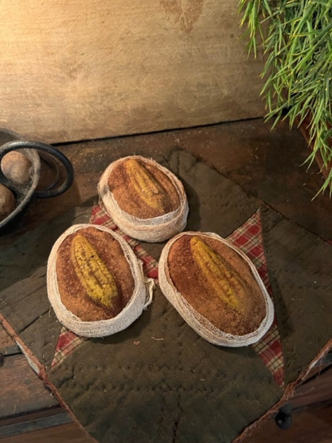 Primitive Corn Cob Pantry Cake THREE Grubby Bowl Filler Cupboard Tuck ...