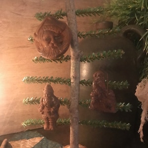 Primitive Christmas Ornaments Santa THREE  Blackened Wax Grubby Early Style Farmhouse Cabin Homestead Feather Tree