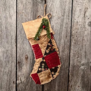 Primitive Grubby Stocking Old Quilt Top Peg Hanger Christmas  Ornament Early Look Homestead #G