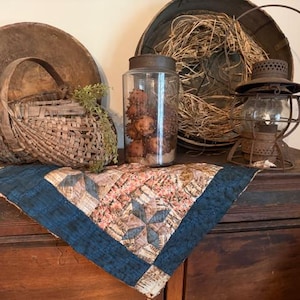 Primitive Old Quilt Candle Mat Homestead Table Runner Early Look Blue Calico Grubby Feed Sack FALL #G
