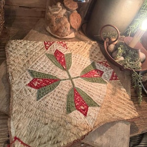 Primitive Old Quilt Candle Mat Homestead Table Runner Early Look  Grubby Feed Sack FALL #Q