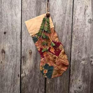 Primitive Grubby Stocking Old Quilt Top Peg Hanger Christmas  Ornament Early Look Homestead #F