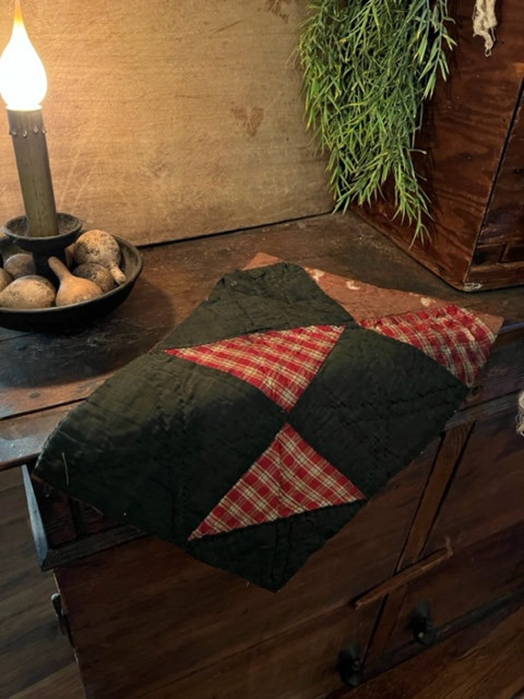 Primitive Old Quilt Candle Mat Homestead Table Runner Early Look Doily