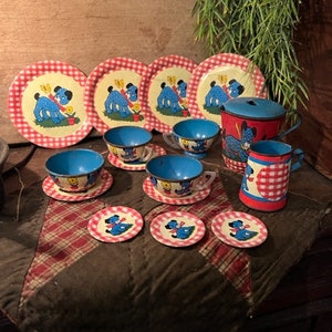 Vintage 50's Child Toy Tin Tea Set Polka Dot Puppy Ohio Art Co. Tin Litho tea set