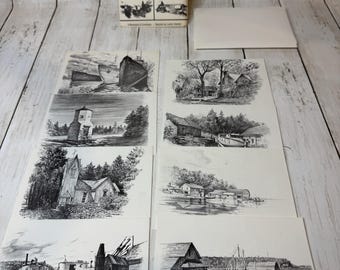 Set di 8 biglietti d'auguri vintage della contea di Door, Wisconsin, inutilizzati, di Lester Haeckel