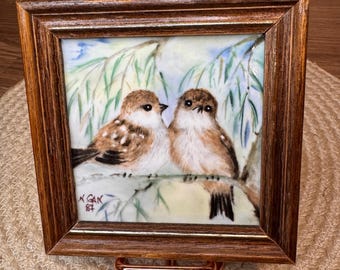 Singapore Airlines Framed Narumi Bone China Tile Sparrows by Nancy Gan
