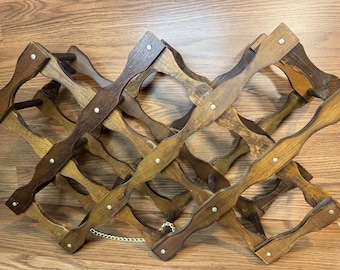 Vintage Mid Century MCM Folding Accordion Solid Wood Wine Rack with Chain