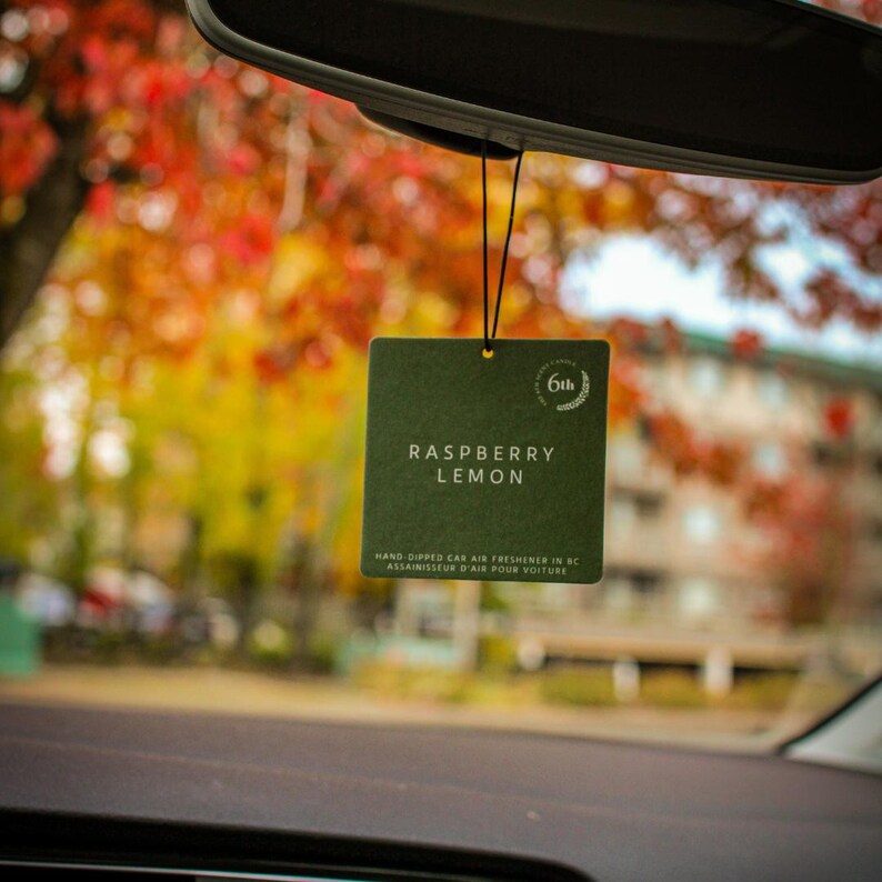 Puede incluir: Un ambientador de coche verde colgado del espejo retrovisor de un coche. El ambientador es cuadrado y tiene el texto "Raspberry Lemon" y "Hand-Dipped Car Air Freshener in BC" impreso en &eacute;l.