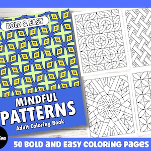 Può includere: Un libro da colorare blu e giallo con il titolo "Modelli consapevoli: Libro da colorare per adulti" e il testo "50 pagine da colorare audaci e facili PDF". La copertina presenta un motivo geometrico in blu, giallo e viola. Il libro include quattro pagine di esempio da colorare con motivi geometrici.