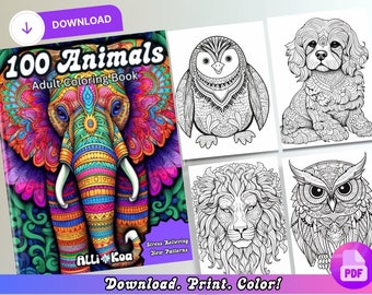 100 Animals Adult Coloring Book: Mandala Designs (PDF Download)