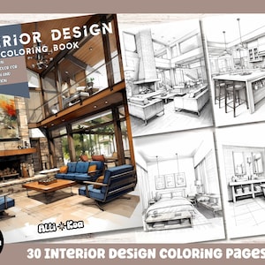 Interior Design Coloring Pages| 30 Modern Interior Designs Coloring Pages for Adults| Printable Coloring Pages| PNG