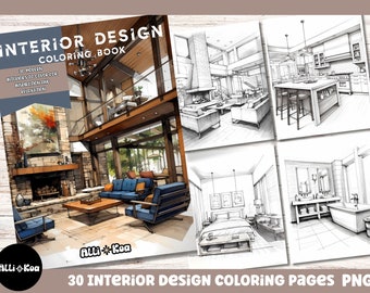 Modern Interior Designs Coloring Pages: 30 Printable PNG Designs (Digital Download)