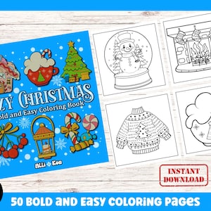 Christmas Coloring Pages, 50 Bold and Easy Coloring Pages, Christmas Illustrations, Instant Download PDF