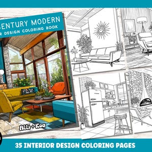 May include: A coloring book titled "Mid-Century Modern Interior Design Coloring Book" with a colorful cover featuring a mid-century modern interior design scene. The book includes 35 interior design coloring pages in PDF format. The cover also displays the brand name "Alli Koa".