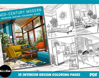 Mid-Century Modern Interior Designs Coloring Book (Digital Download)
