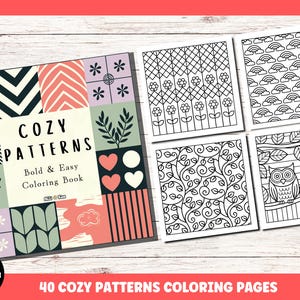 Pode incluir: Um livro para colorir "Cozy Patterns" com um design de capa geométrico e várias páginas de padrões. A capa apresenta uma variedade de formas e cores, incluindo rosa, preto e verde. As páginas para colorir incluem desenhos florais, de corujas e geométricos.