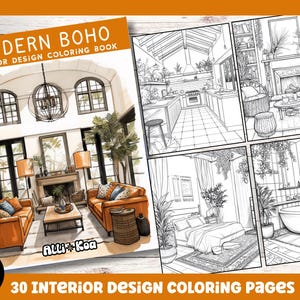 May include: A coloring book cover featuring a black and white illustration of a modern boho interior design. The cover includes the title "MODERN Bоно INTERIOR DESIGN COLORING BOOK" and the text "30 INTERIOR DESIGN COLORING Pages PDF".