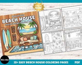 Beach House Interior Design Coloring Book | Coastal Scenes (Digital Download PDF)