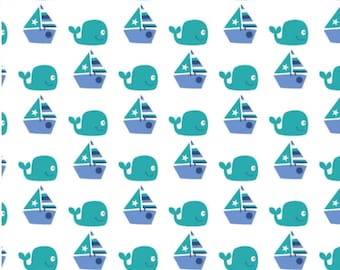 SPRINGS CREATIVE SEAWATER FRIENDS WHALES SHARKS ON BLUE COTTON FAT QUARTER