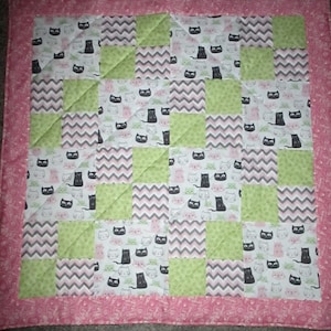 May include: A patchwork quilt featuring a repeating pattern of black cat silhouettes and light pink cat faces on a white background. The quilt also includes green squares and gray and white chevron patterns. A pink floral border frames the quilt.